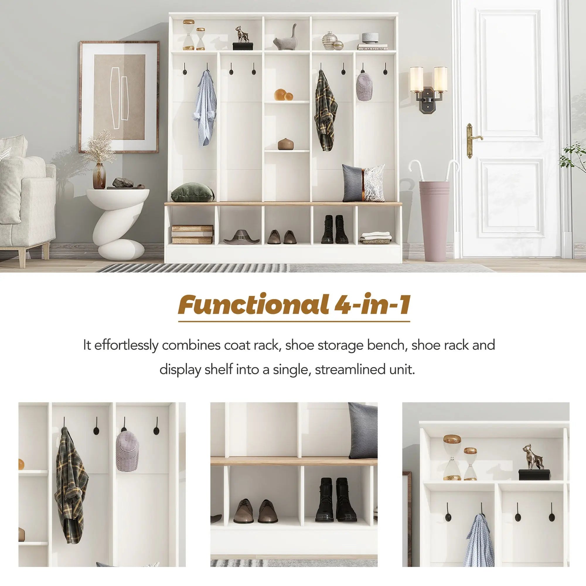 Bellemave® Wide Design Hall Tree with Storage Bench, Cube Storage,Shelves, 8 Hooks - Bellemave