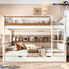 Bellemave® Wood Bunk Bed with Pull-Out Trundle, Storage Shelf, Convertible Detachable Bunk Bed Frame - Bellemave