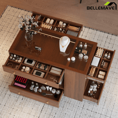 Bellemave® Wood Closet Island with 6 Drawers, Glass Top and Open Shelves, Jewelry Storage Organizer for Walk - in Closet, Walnut - Bellemave