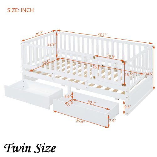 Bellemave® Wood Daybed with Fence Guardrails and 2 Drawers - Bellemave