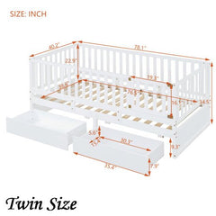 Bellemave® Wood Daybed with Fence Guardrails and 2 Drawers - Bellemave