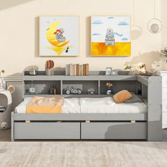 Bellemave® Wood Daybed with L - shaped Bookcases and Drawers - Bellemave