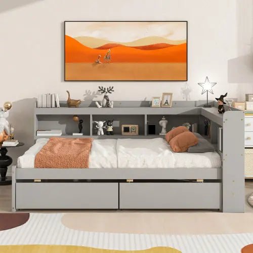 Bellemave® Wood Daybed with L - shaped Bookcases and Drawers - Bellemave