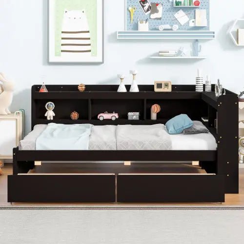 Bellemave® Wood Daybed with L - shaped Bookcases and Drawers - Bellemave