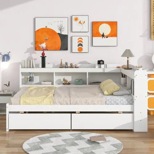 Bellemave® Wood Daybed with L - shaped Bookcases and Drawers - Bellemave