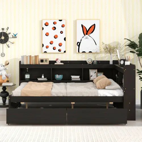 Bellemave® Wood Daybed with L - shaped Bookcases and Drawers - Bellemave