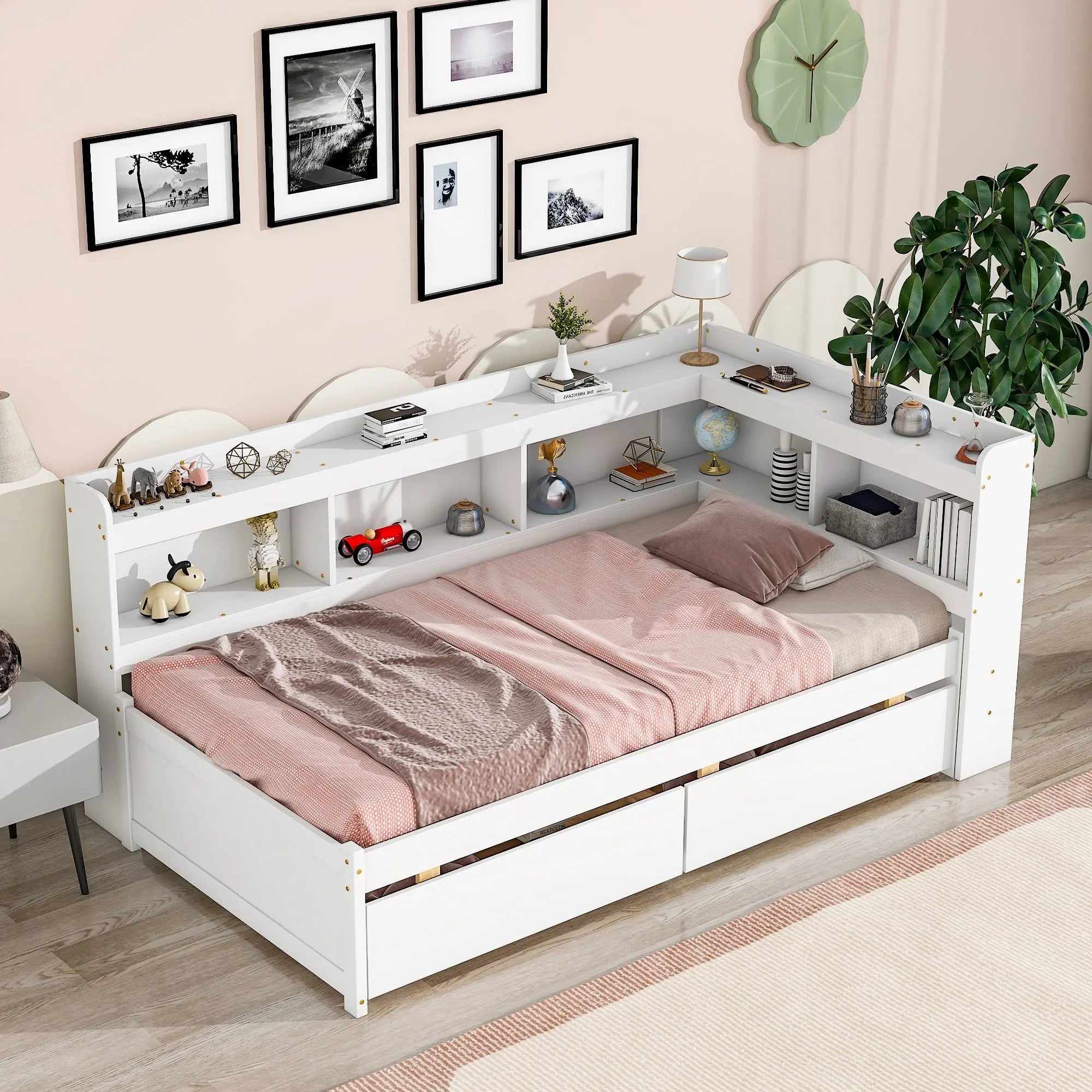 Bellemave® Wood Daybed with L - shaped Bookcases and Drawers - Bellemave