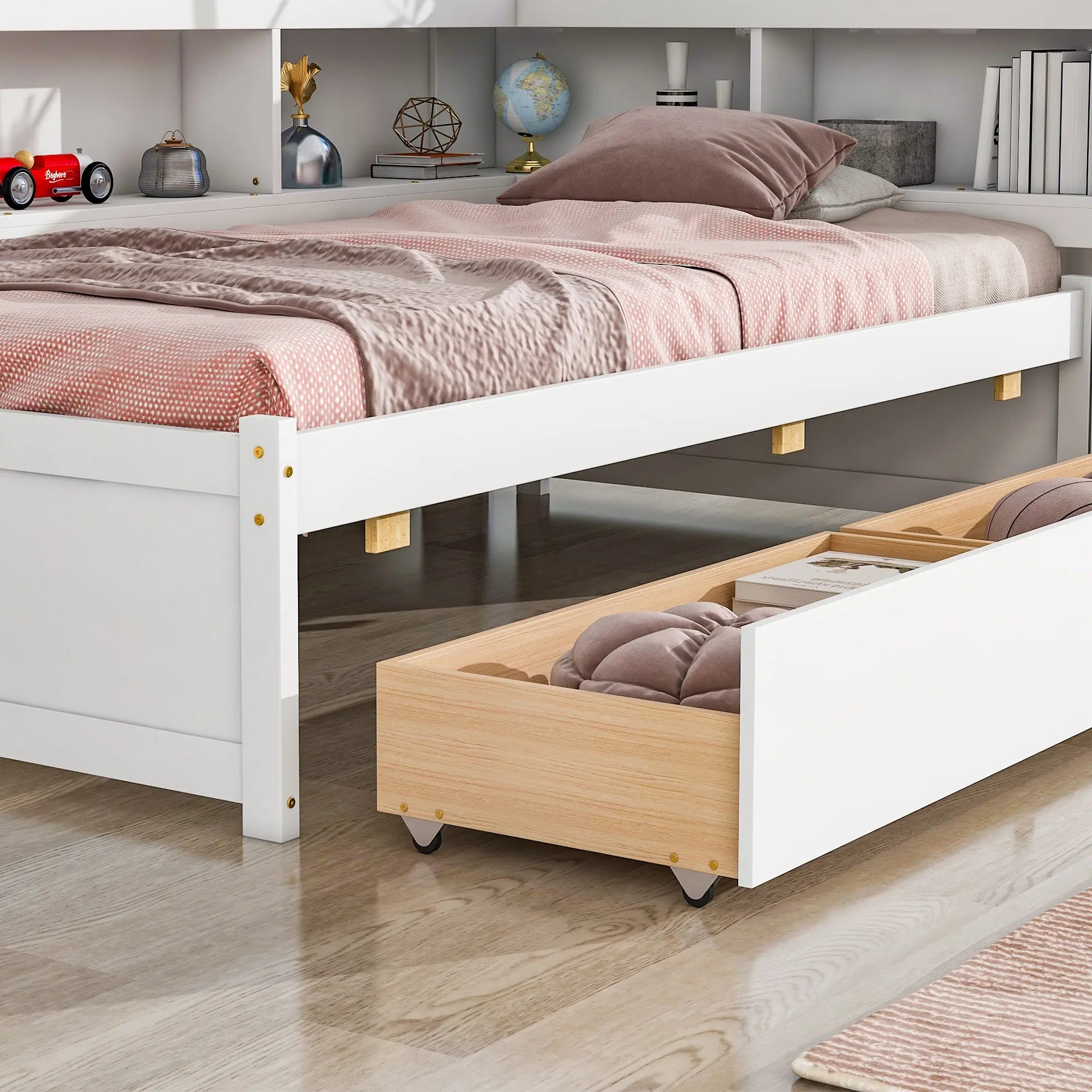 Bellemave® Wood Daybed with L - shaped Bookcases and Drawers - Bellemave