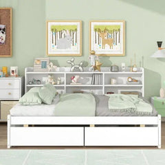 Bellemave® Wood Daybed with Side Bookcase and 2 Drawers - Bellemave