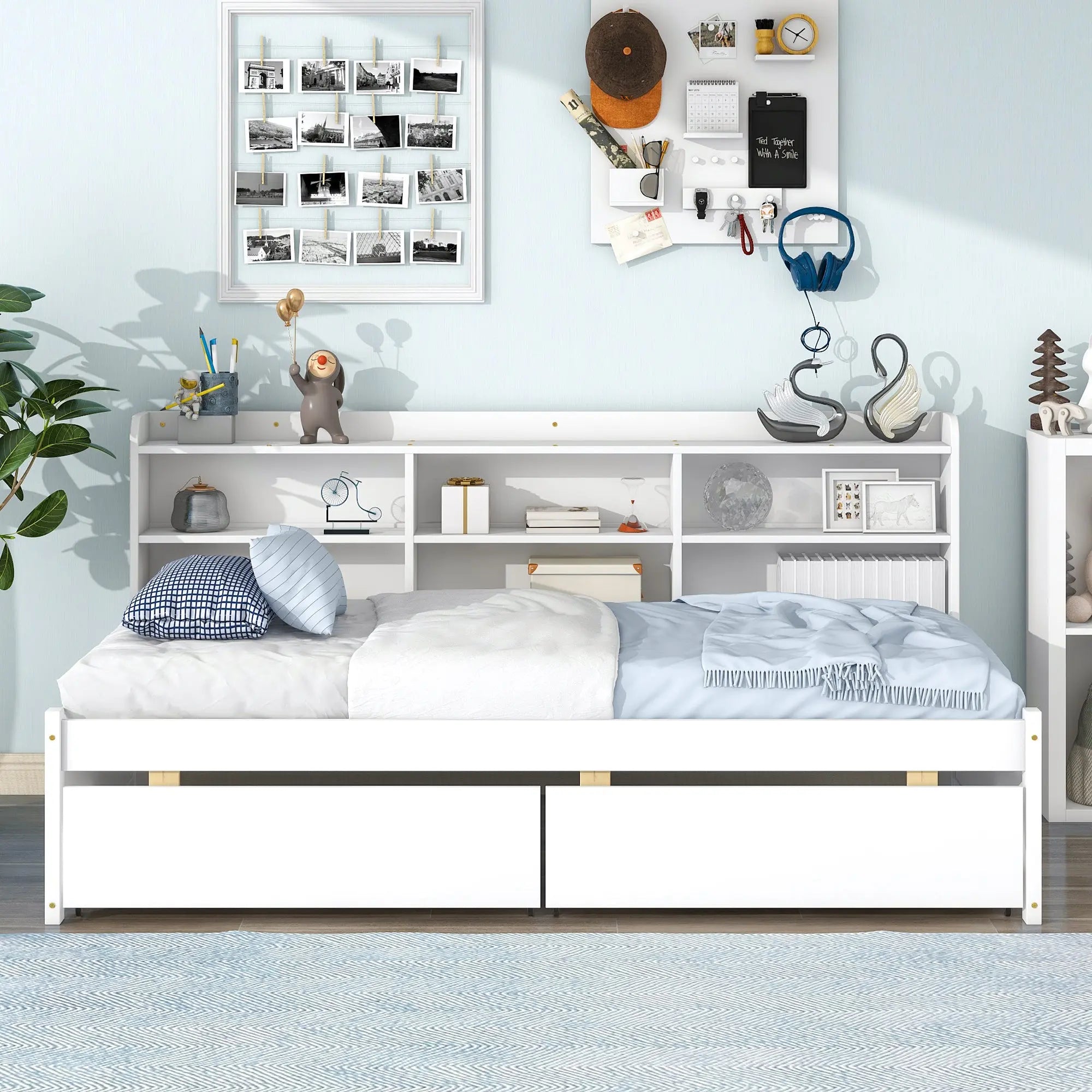 Bellemave® Wood Daybed with Side Bookcase and 2 Drawers - Bellemave