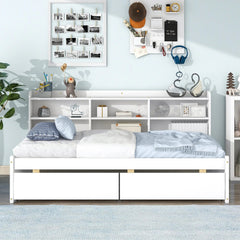 Bellemave® Wood Daybed with Side Bookcase and 2 Drawers - Bellemave