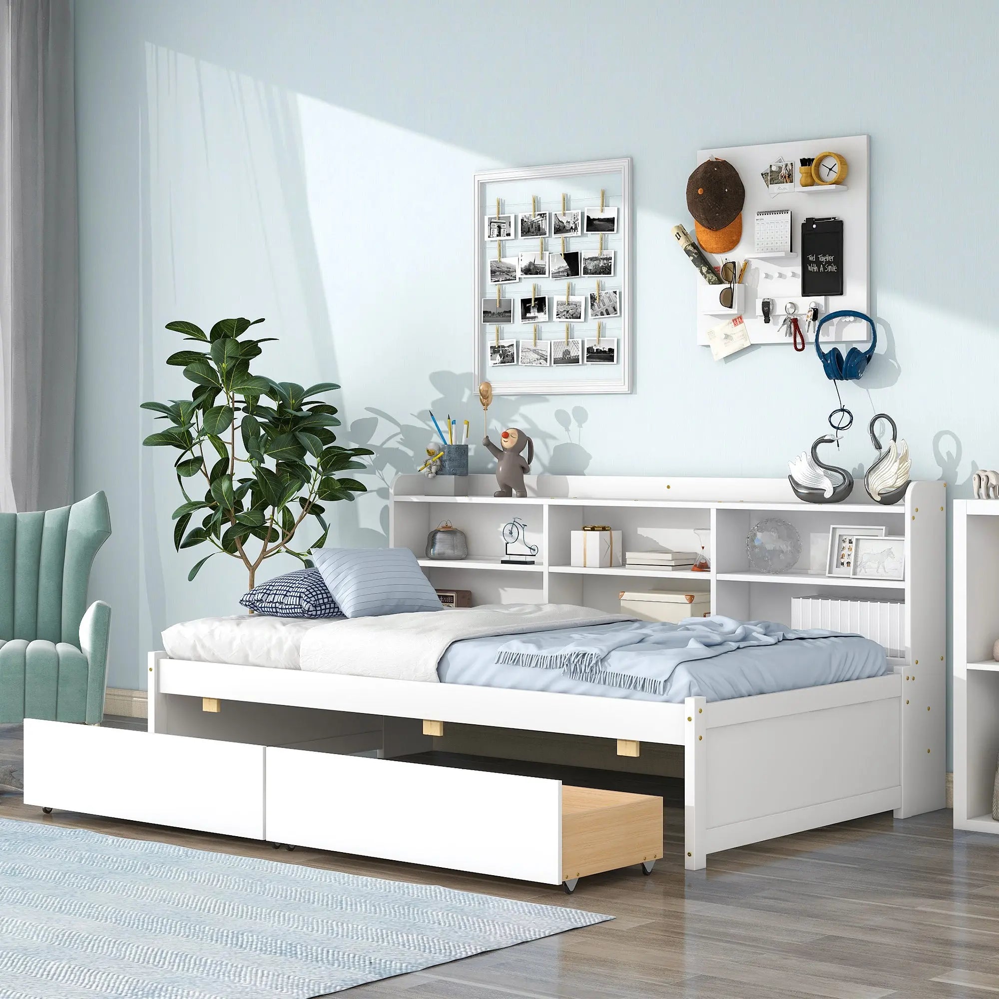 Bellemave® Wood Daybed with Side Bookcase and 2 Drawers - Bellemave