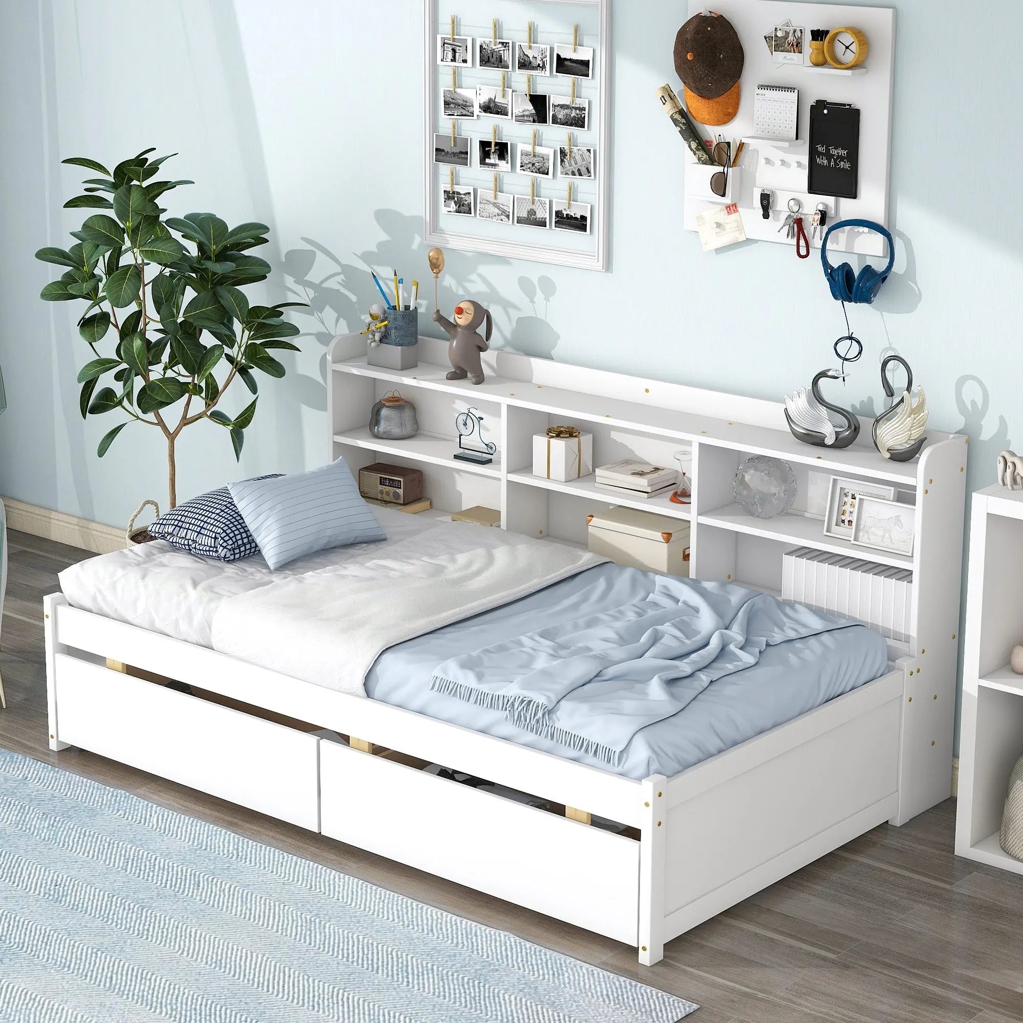 Bellemave® Wood Daybed with Side Bookcase and 2 Drawers - Bellemave