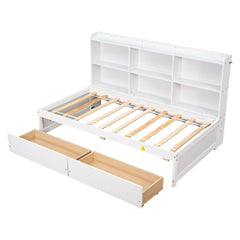 Bellemave® Wood Daybed with Side Bookcase and 2 Drawers - Bellemave