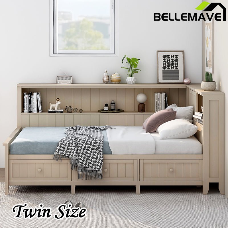 Bellemave® Wood Daybed with Storage Shelves and 3 Drawers - Bellemave