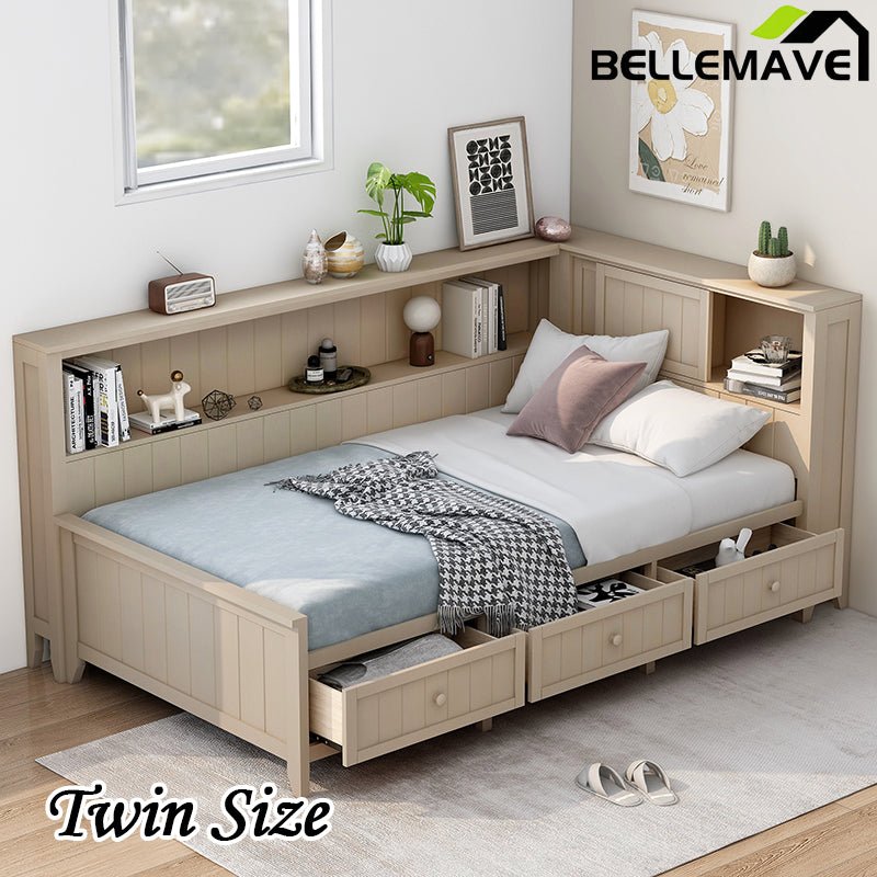 Bellemave® Wood Daybed with Storage Shelves and 3 Drawers - Bellemave