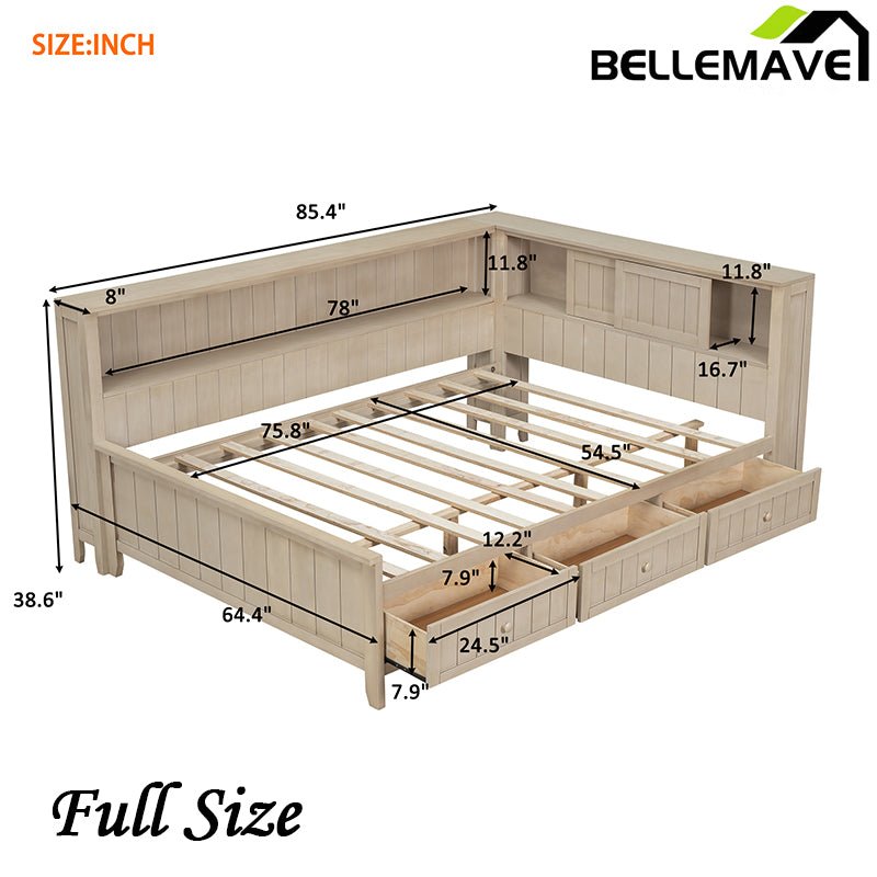 Bellemave® Wood Daybed with Storage Shelves and 3 Drawers - Bellemave