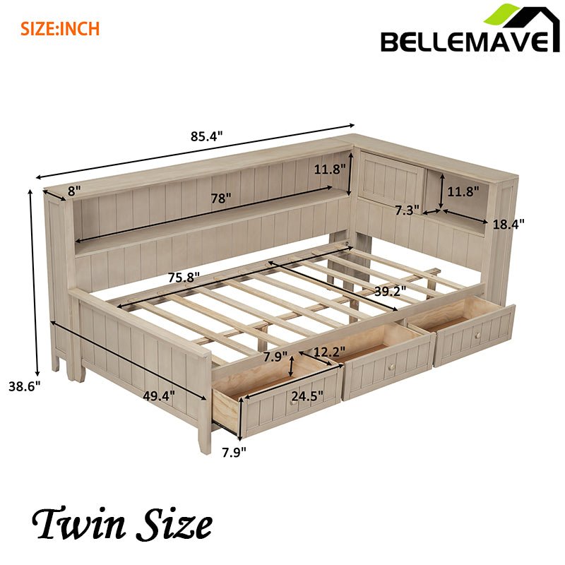 Bellemave® Wood Daybed with Storage Shelves and 3 Drawers - Bellemave