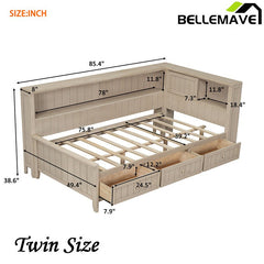 Bellemave® Wood Daybed with Storage Shelves and 3 Drawers - Bellemave