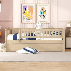 Bellemave® Wood Daybed with Trundle and Fence Guardrails - Bellemave