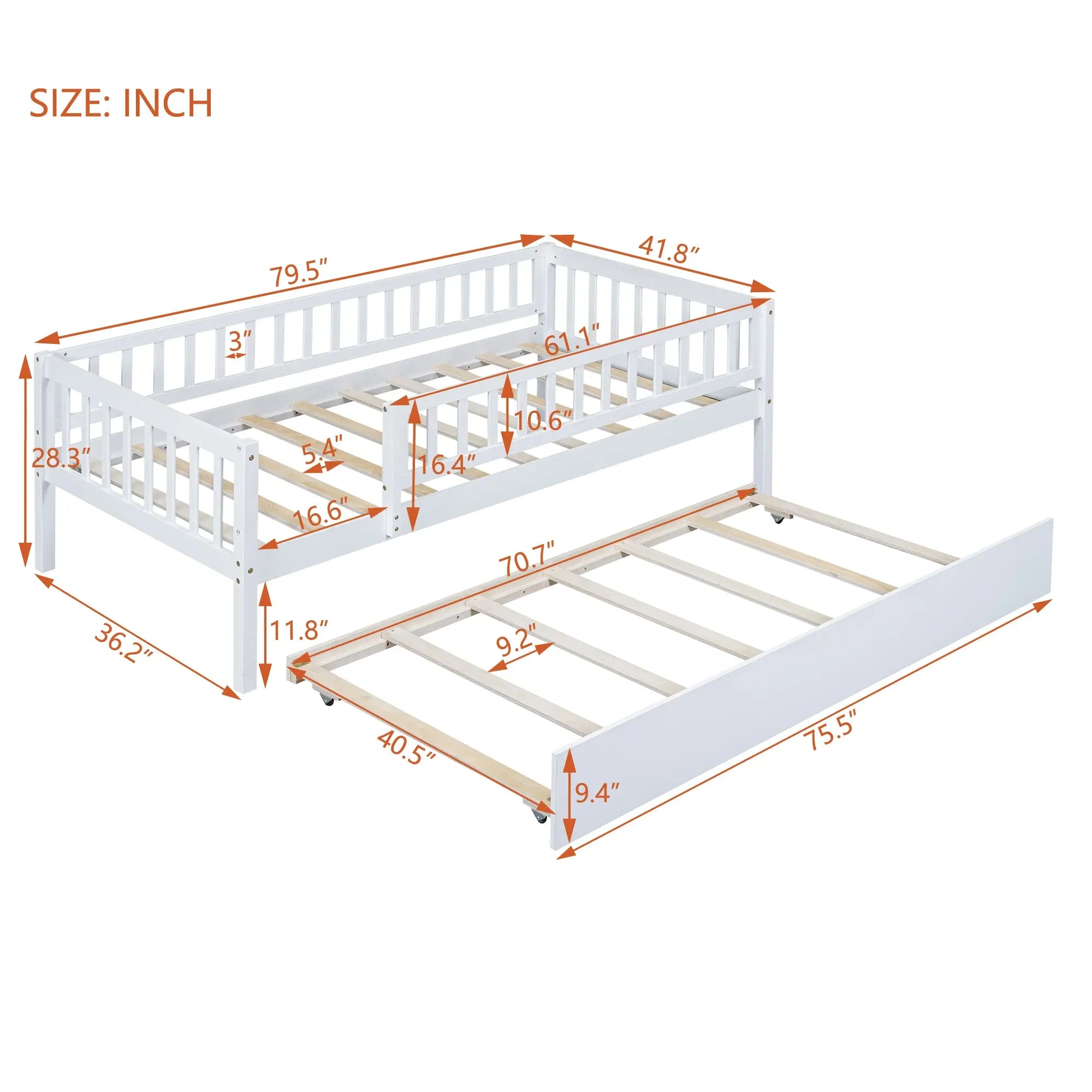 Bellemave® Wood Daybed with Trundle and Fence Guardrails - Bellemave
