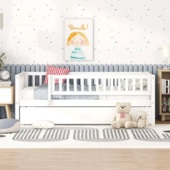 Bellemave® Wood Daybed with Trundle and Fence Guardrails - Bellemave