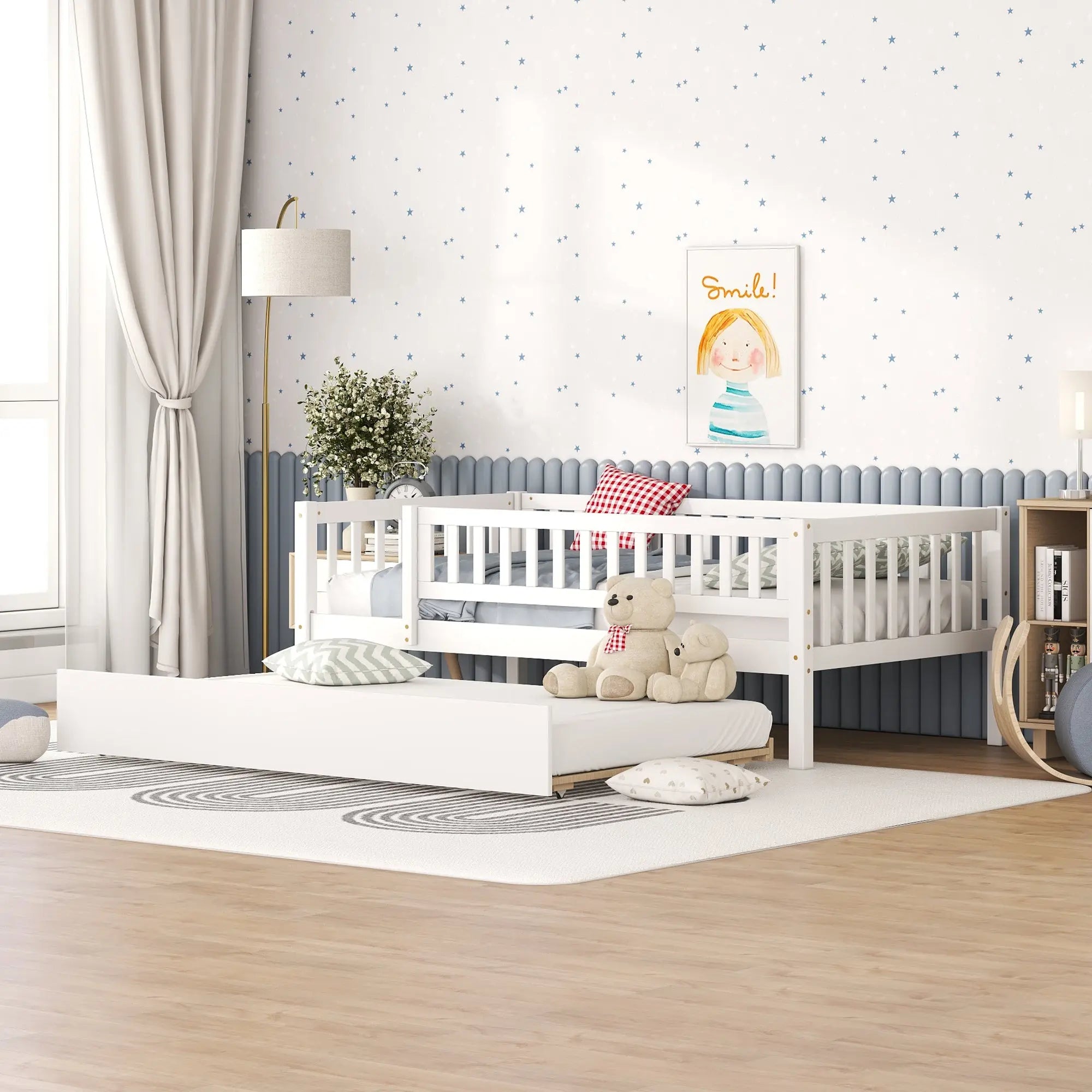 Bellemave® Wood Daybed with Trundle and Fence Guardrails - Bellemave