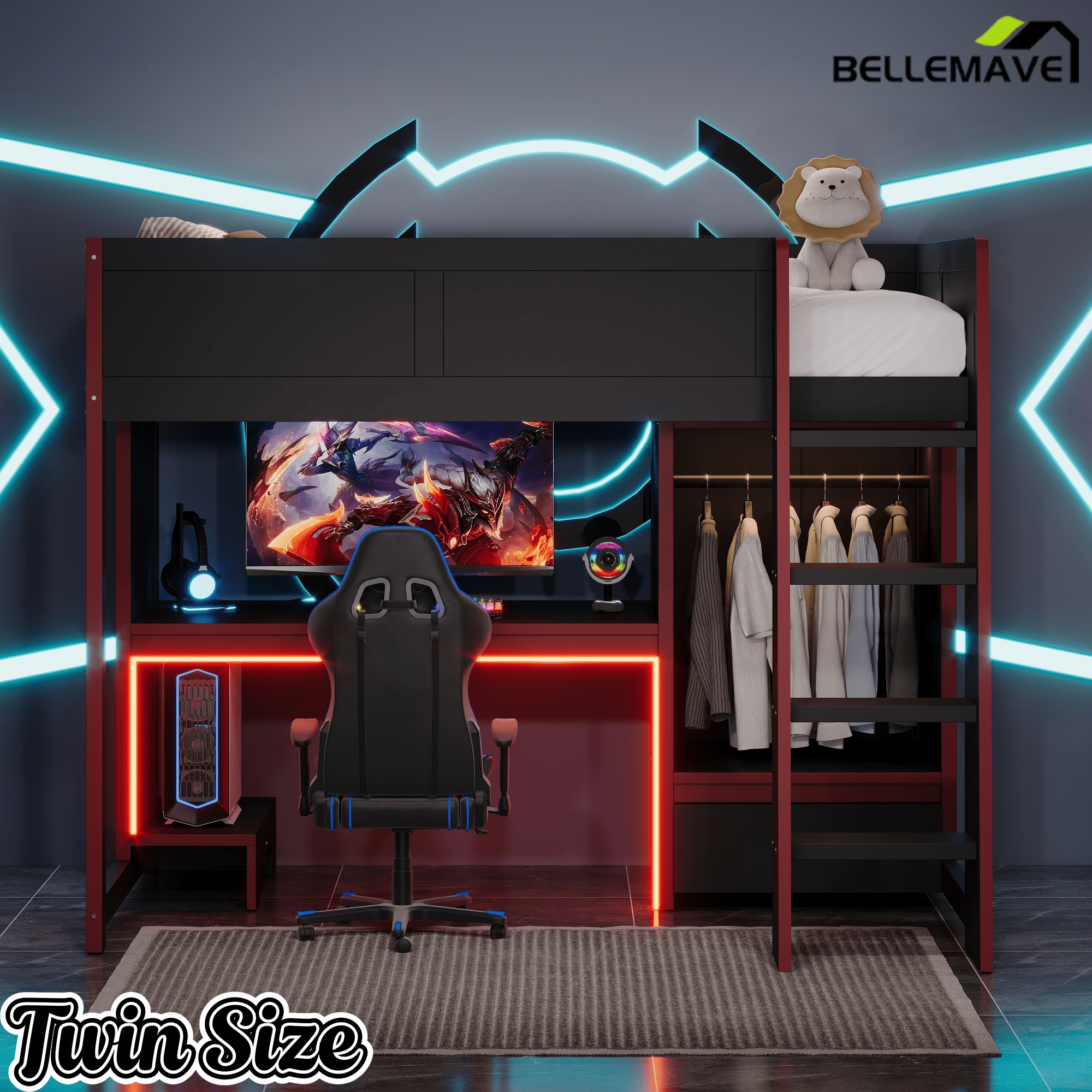 Bellemave® Wood Gaming Bed with Built - in Desk,Wardrobe, LED and a Drawer, Loft Bed,No Box Spring Required,Black - Bellemave