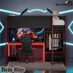 Bellemave® Wood Gaming Bed with Built - in Desk,Wardrobe, LED and a Drawer, Loft Bed,No Box Spring Required,Black - Bellemave