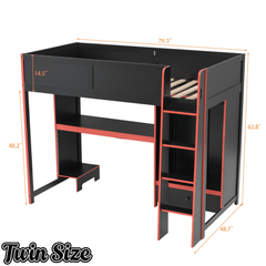 Bellemave® Wood Gaming Bed with Built - in Desk,Wardrobe, LED and a Drawer, Loft Bed,No Box Spring Required,Black - Bellemave