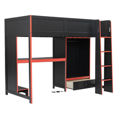 Bellemave® Wood Gaming Bed with Built - in Desk,Wardrobe, LED and a Drawer, Loft Bed,No Box Spring Required,Black - Bellemave