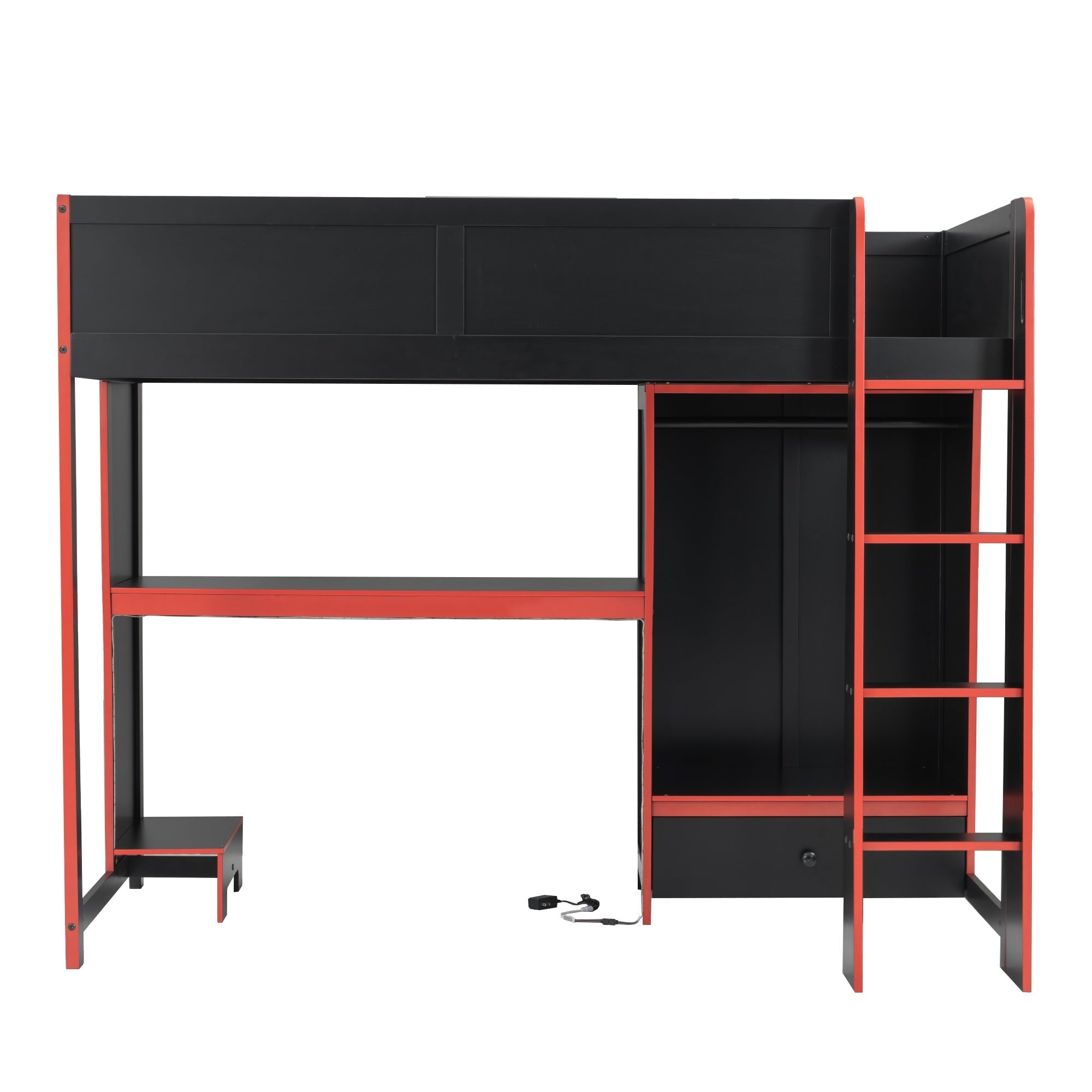 Bellemave® Wood Gaming Bed with Built - in Desk,Wardrobe, LED and a Drawer, Loft Bed,No Box Spring Required,Black - Bellemave
