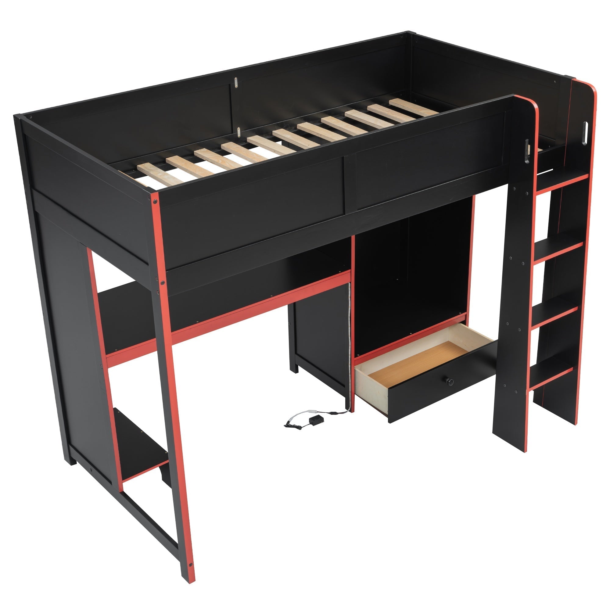 Bellemave® Wood Gaming Bed with Built - in Desk,Wardrobe, LED and a Drawer, Loft Bed,No Box Spring Required,Black - Bellemave
