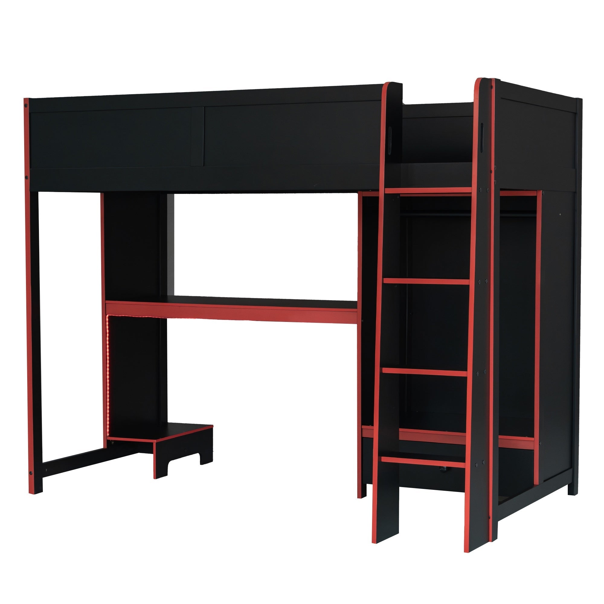 Bellemave® Wood Gaming Bed with Built - in Desk,Wardrobe, LED and a Drawer, Loft Bed,No Box Spring Required,Black - Bellemave