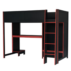 Bellemave® Wood Gaming Bed with Built - in Desk,Wardrobe, LED and a Drawer, Loft Bed,No Box Spring Required,Black - Bellemave