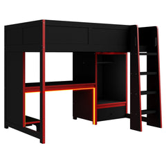 Bellemave® Wood Gaming Bed with Built - in Desk,Wardrobe, LED and a Drawer, Loft Bed,No Box Spring Required,Black - Bellemave