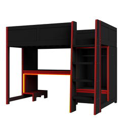 Bellemave® Wood Gaming Bed with Built - in Desk,Wardrobe, LED and a Drawer, Loft Bed,No Box Spring Required,Black - Bellemave