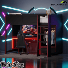 Bellemave® Wood Gaming Bed with Built - in Desk,Wardrobe, LED and a Drawer, Loft Bed,No Box Spring Required,Black - Bellemave