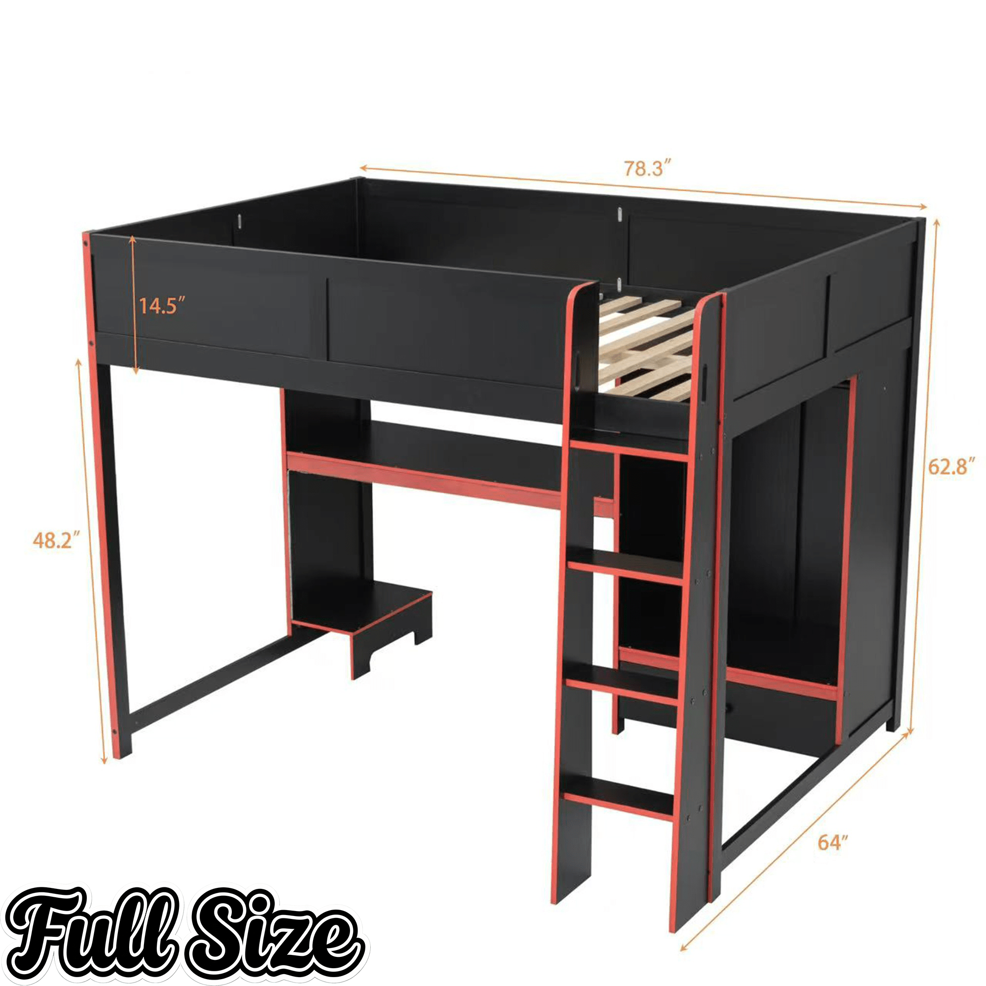 Bellemave® Wood Gaming Bed with Built - in Desk,Wardrobe, LED and a Drawer, Loft Bed,No Box Spring Required,Black - Bellemave