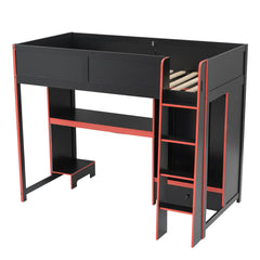 Bellemave® Wood Gaming Bed with Built - in Desk,Wardrobe, LED and a Drawer, Loft Bed,No Box Spring Required,Black - Bellemave