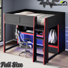 Bellemave® Wood Gaming Bed with Built - in Desk,Wardrobe, LED and a Drawer, Loft Bed,No Box Spring Required,Black - Bellemave