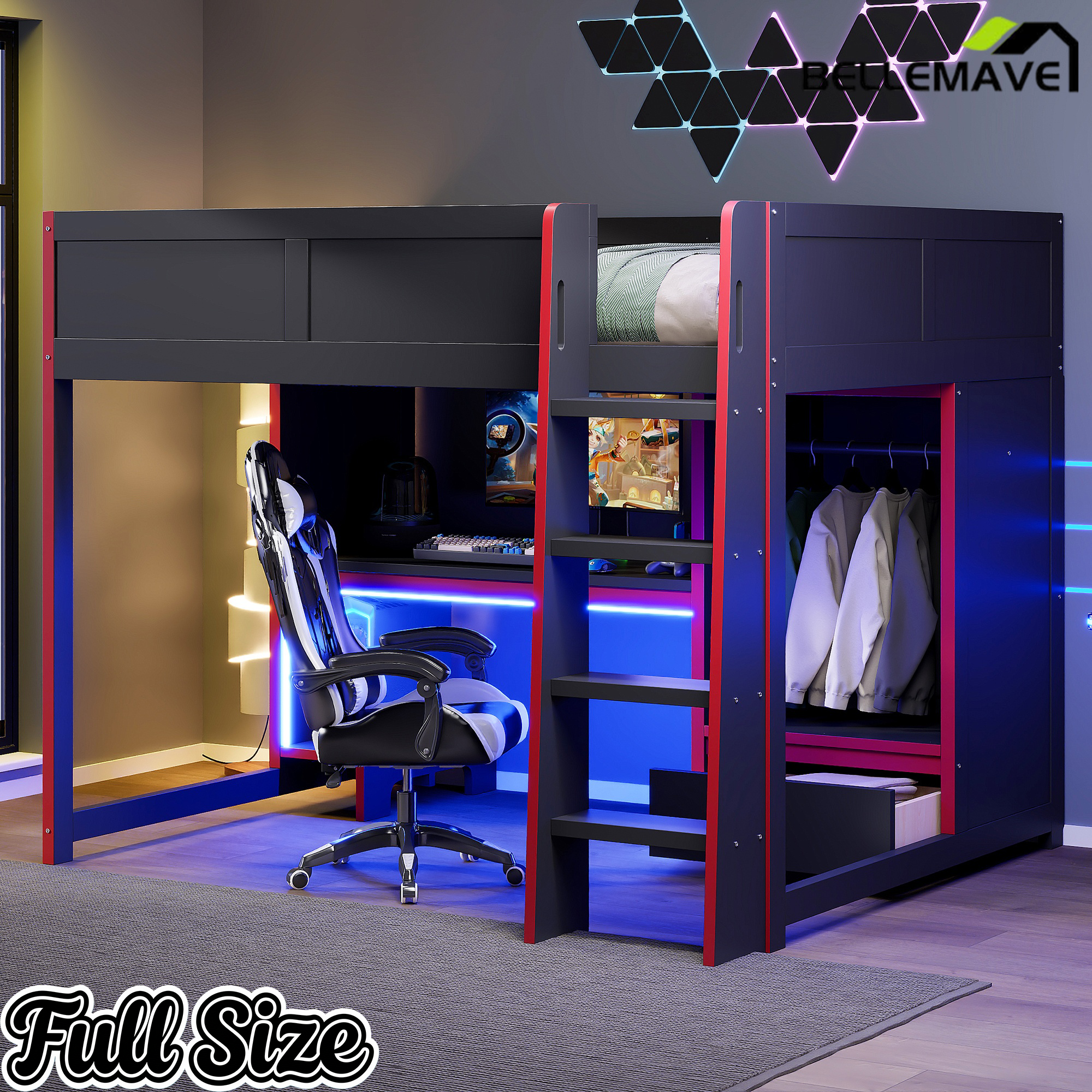 Bellemave® Wood Gaming Bed with Built - in Desk,Wardrobe, LED and a Drawer, Loft Bed,No Box Spring Required,Black - Bellemave