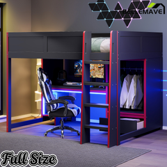 Bellemave® Wood Gaming Bed with Built - in Desk,Wardrobe, LED and a Drawer, Loft Bed,No Box Spring Required,Black - Bellemave