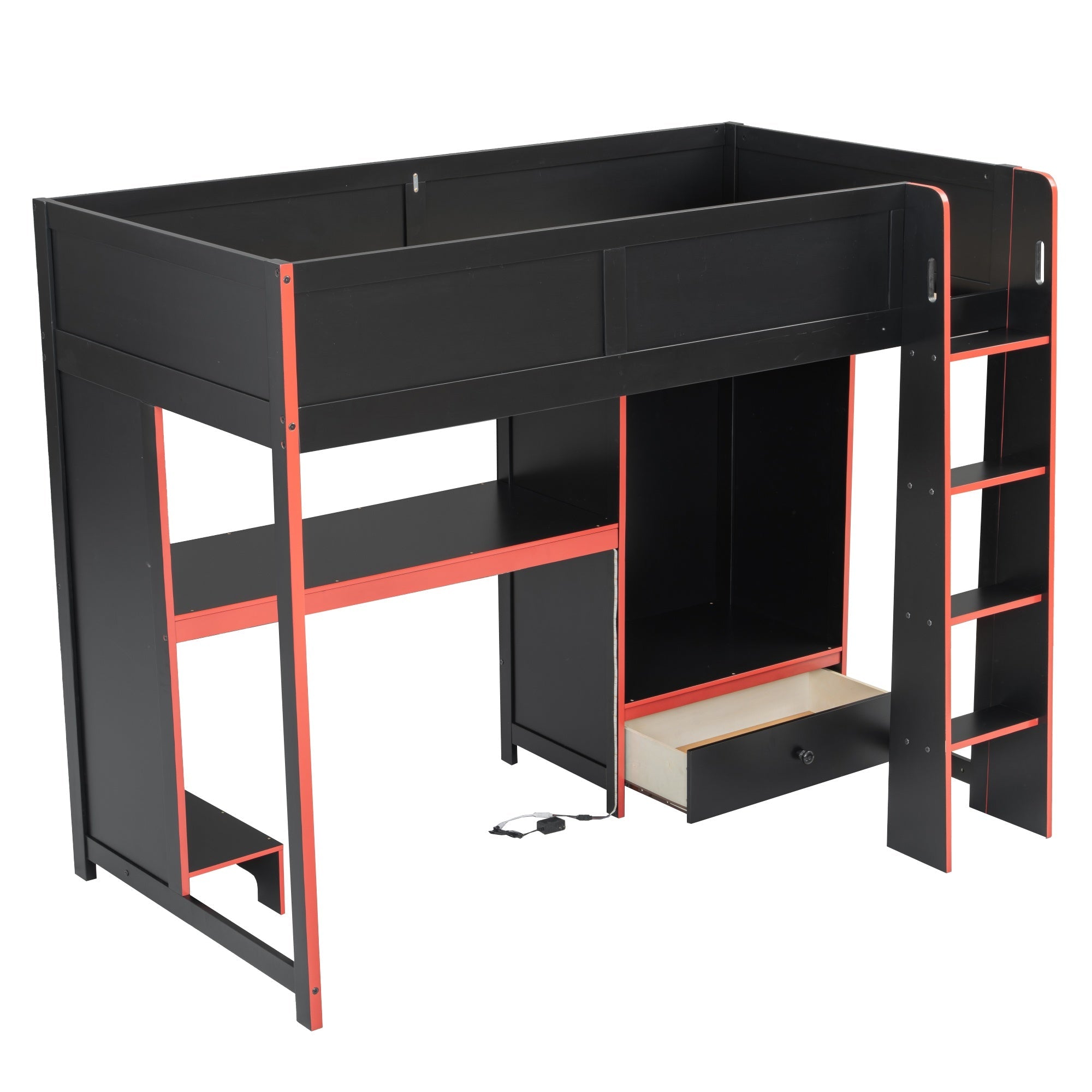 Bellemave® Wood Gaming Bed with Built - in Desk,Wardrobe, LED and a Drawer, Loft Bed,No Box Spring Required,Black - Bellemave