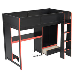 Bellemave® Wood Gaming Bed with Built - in Desk,Wardrobe, LED and a Drawer, Loft Bed,No Box Spring Required,Black - Bellemave