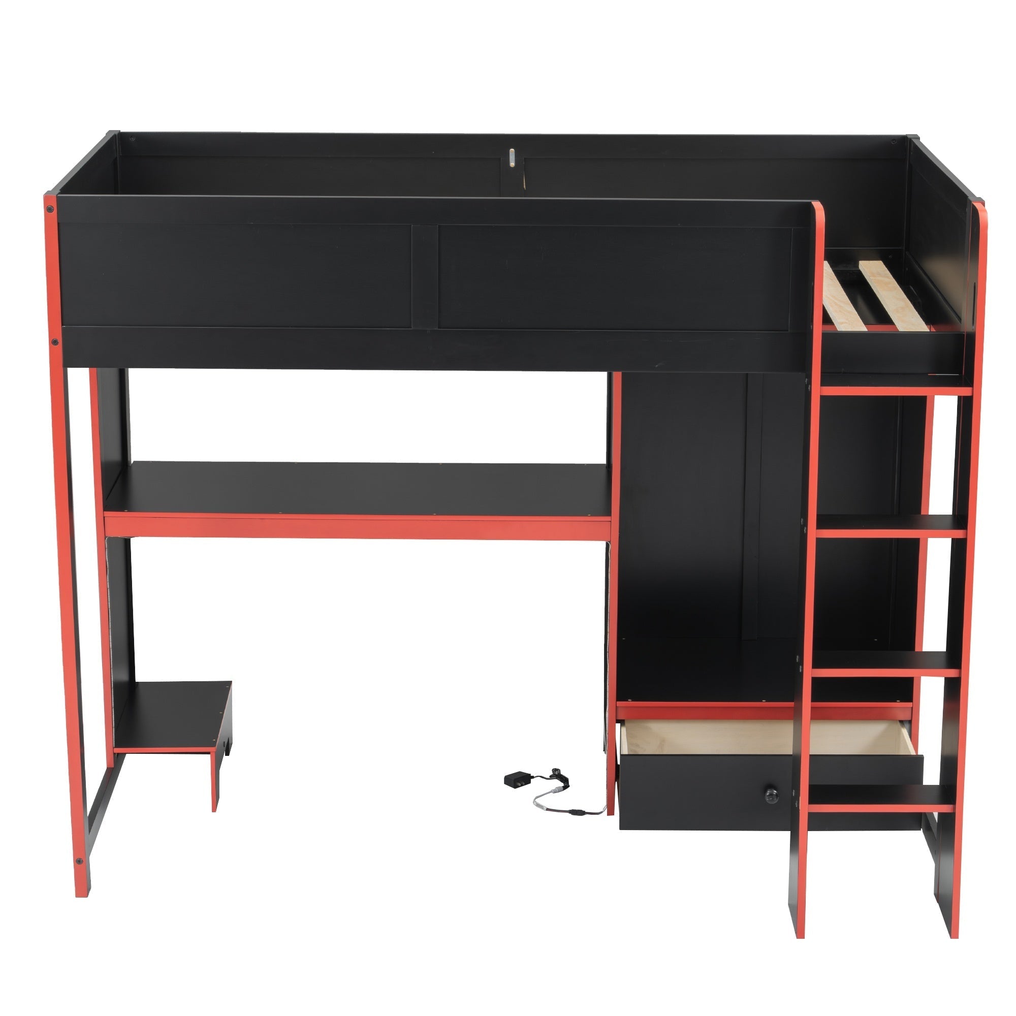 Bellemave® Wood Gaming Bed with Built - in Desk,Wardrobe, LED and a Drawer, Loft Bed,No Box Spring Required,Black - Bellemave