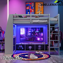 Bellemave® Wood Gaming Loft Bed with Desk, Multi - storage Shelves, LED and a Hanging Clothes Rack - Bellemave
