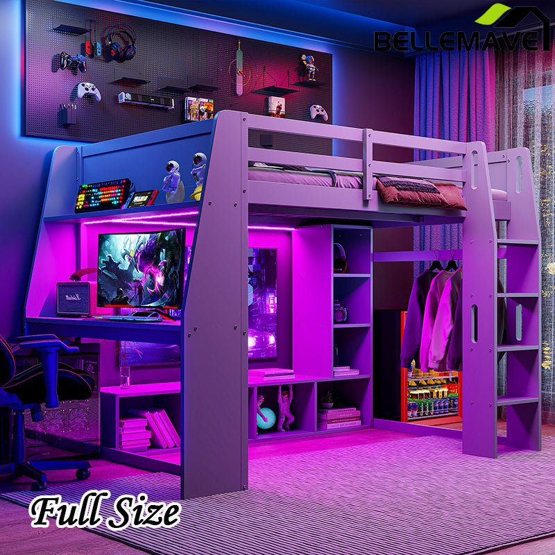 Bellemave® Wood Gaming Loft Bed with Desk, Multi - storage Shelves, LED and a Hanging Clothes Rack - Bellemave