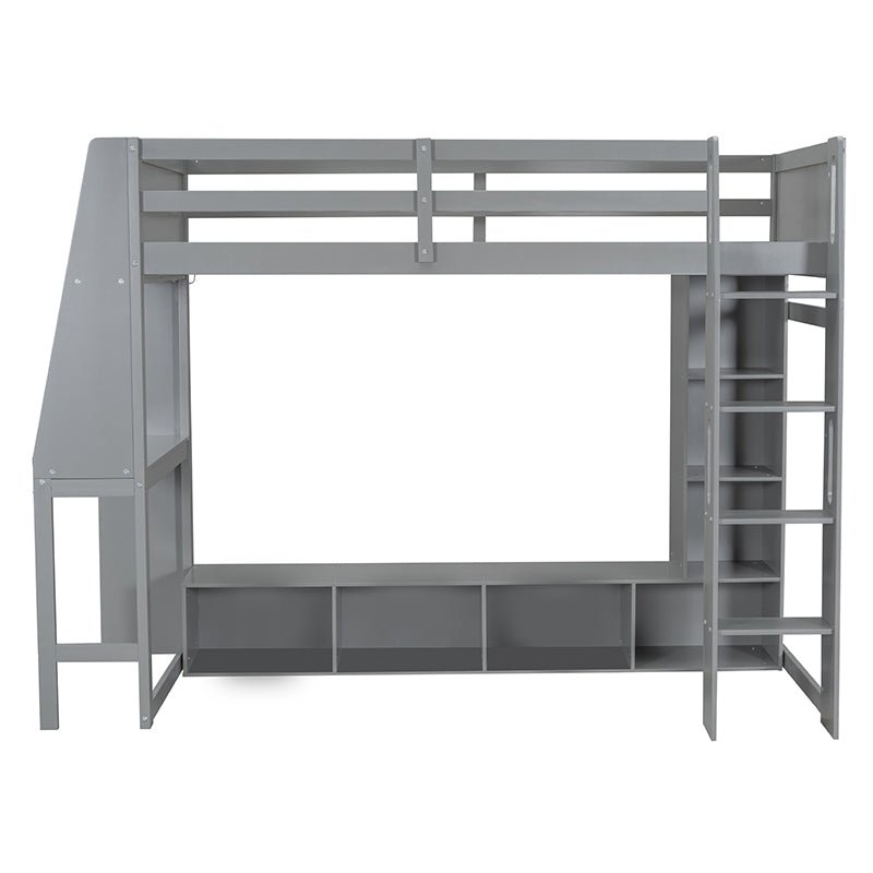 Bellemave® Wood Gaming Loft Bed with Desk, Multi - storage Shelves, LED and a Hanging Clothes Rack - Bellemave