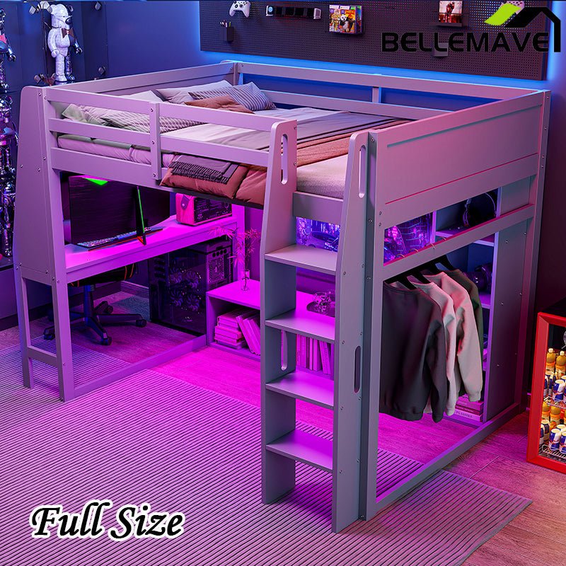 Bellemave® Wood Gaming Loft Bed with Desk, Multi - storage Shelves, LED and a Hanging Clothes Rack - Bellemave